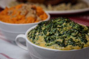 Spinach Madeline and Sweet Potatoes with Coffee Pecan Cream