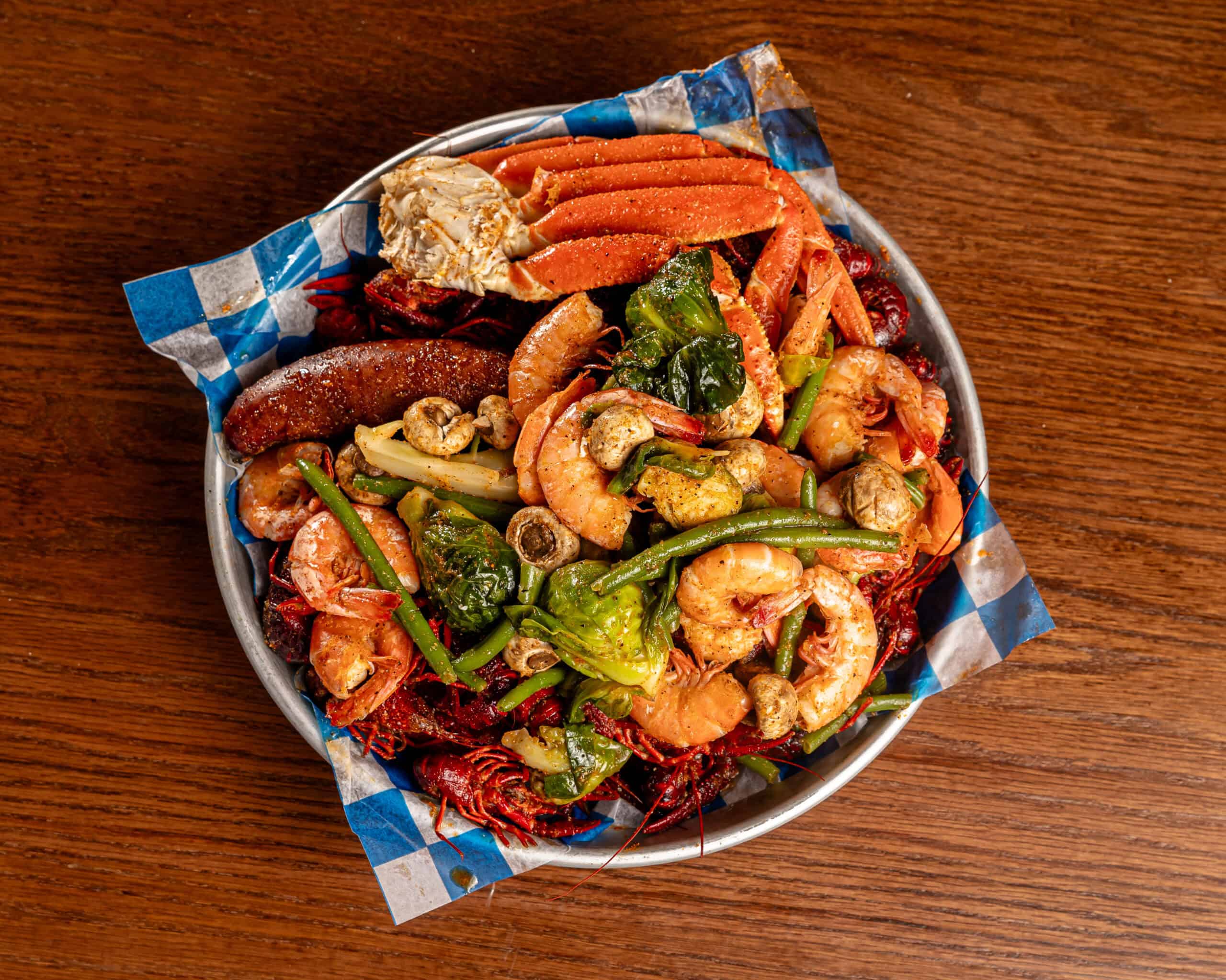 BB's Seafood Boil shrimp crab crawfish sausage brussels sprouts green beans mushrooms