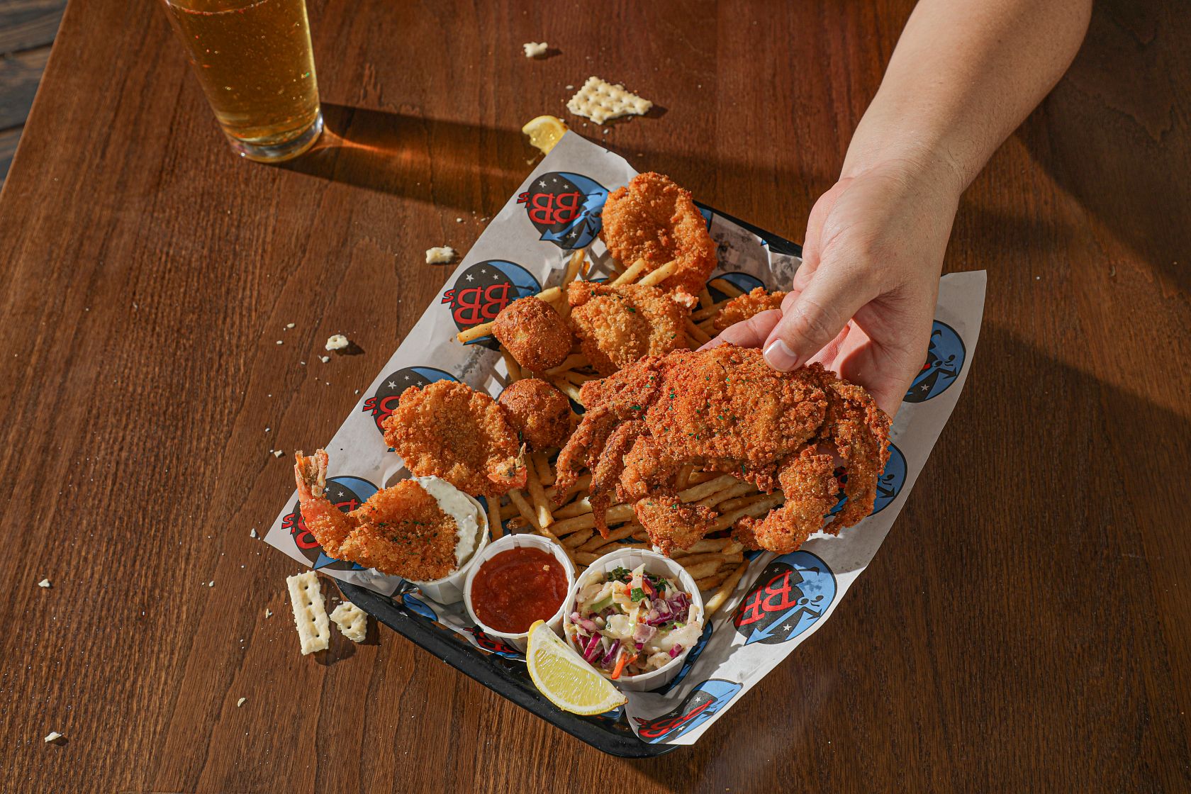 Soft Shell Crab and Shrimp Combo at BB’s Tex-Orleans — fried soft shell crab, shrimp, fries and hushpuppies