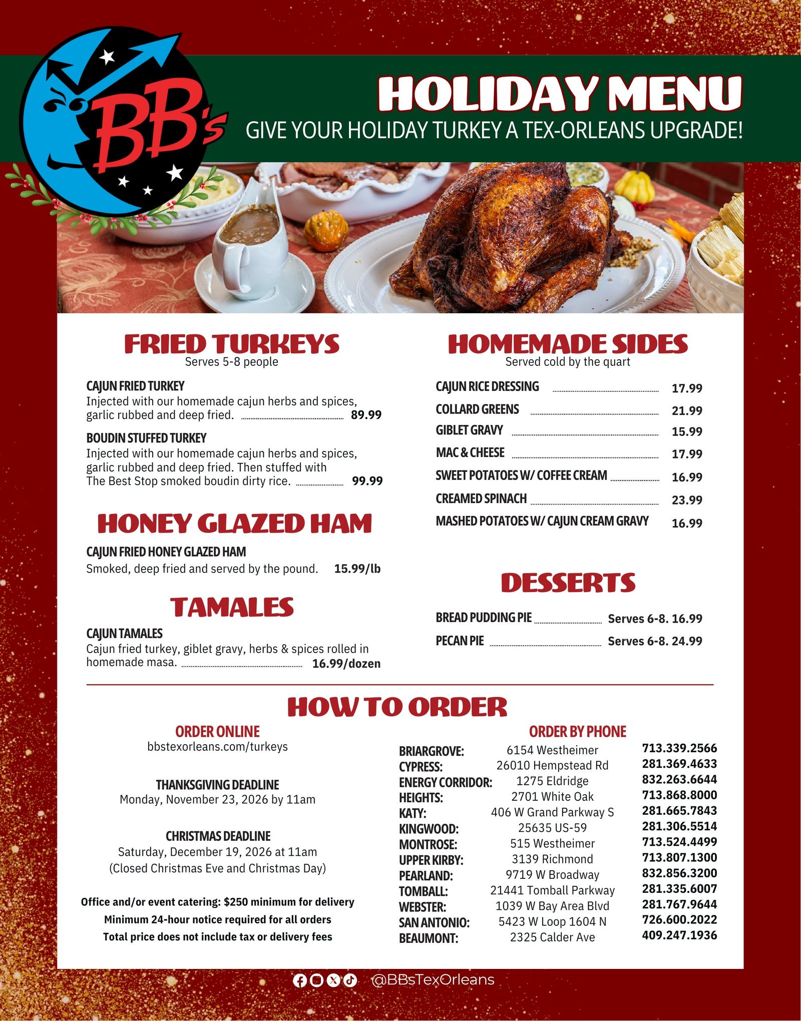 BB’s Tex-Orleans 2026 Holiday Menu — Cajun fried turkeys, honey glazed ham, tamales, homemade sides and pies
