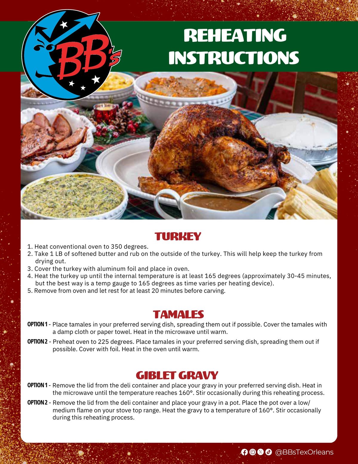 BB’s Tex-Orleans holiday reheating instructions for fried turkey, tamales, gravy and sides